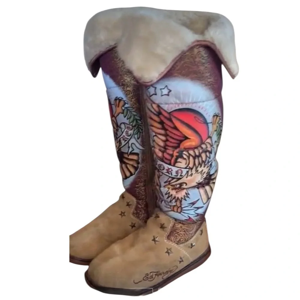 Ed Hardy Fleece Boots, women, 6 EUC Iconic Tattoo 